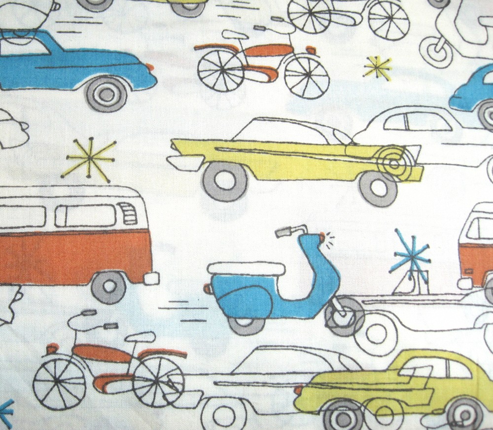 Organic Fabric Blue, Yellow, Orange Car And Bicycle - "cars" Circa 52 By Monaluna From Birch One Yard