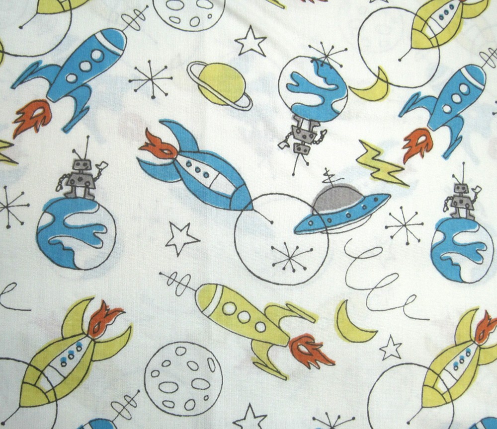 Organic Fabric Blue, Yellow, Orange Spaceship and Rocket - "Space" Circa 52 by Monaluna from Birch One Yard 